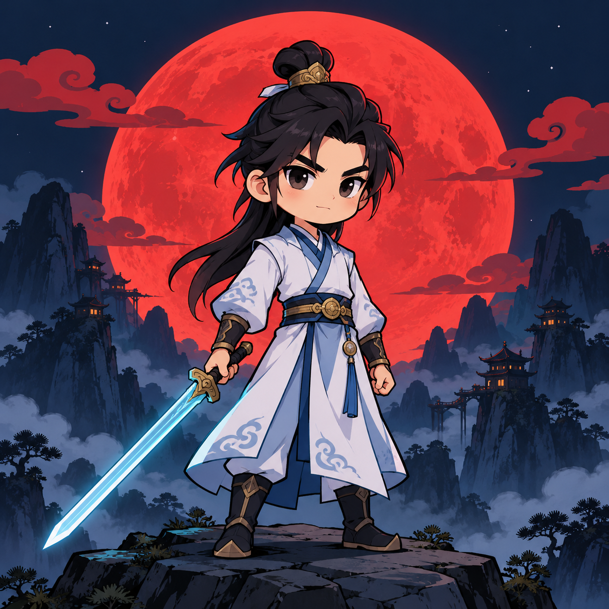 Below Nascent Soul, All Are Ants: a sword-wielding cultivator ready for battle beneath a red moon