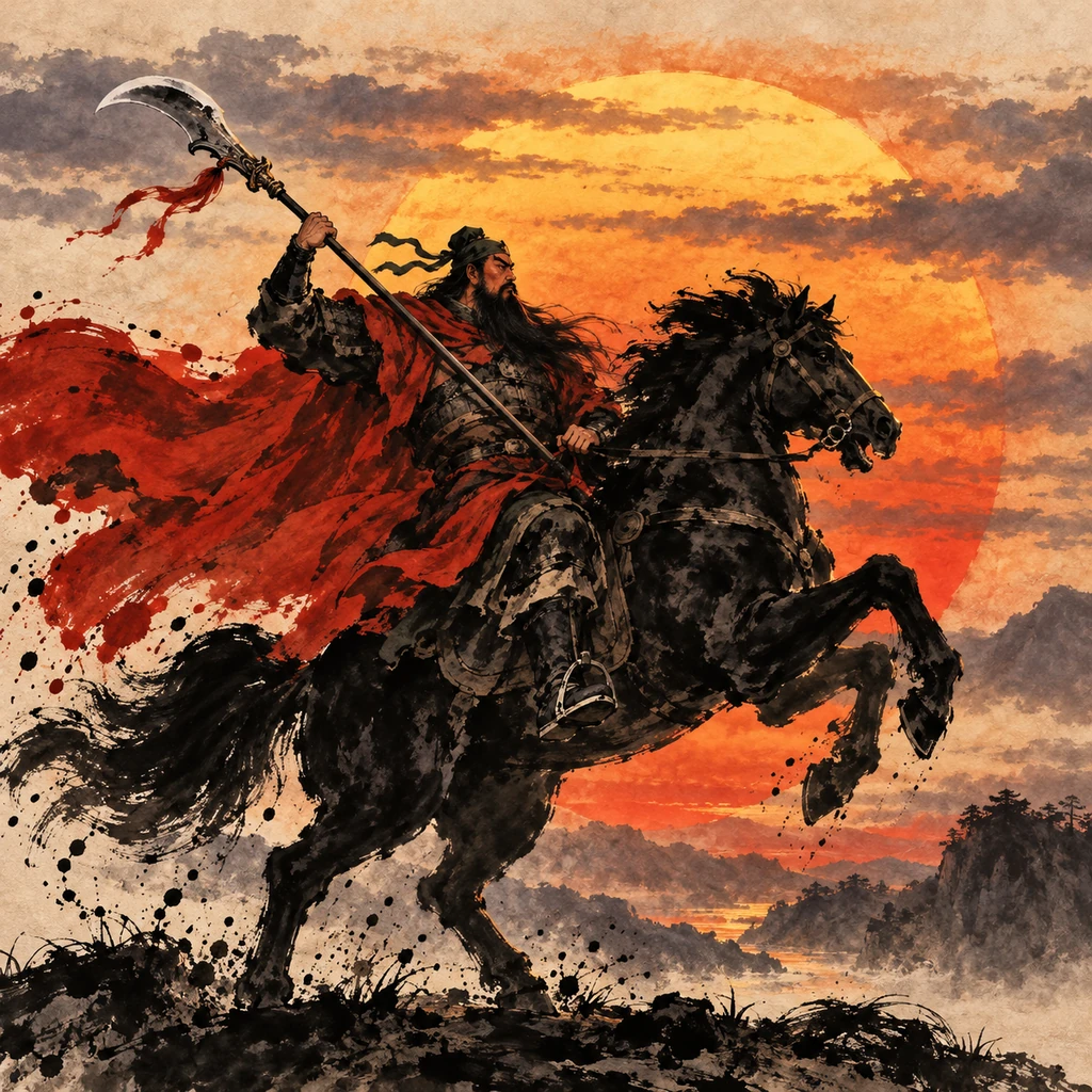 Ink Three Kingdoms: Guan Yu rides into battle in a red cloak, against an ink-wash sunset and mountains